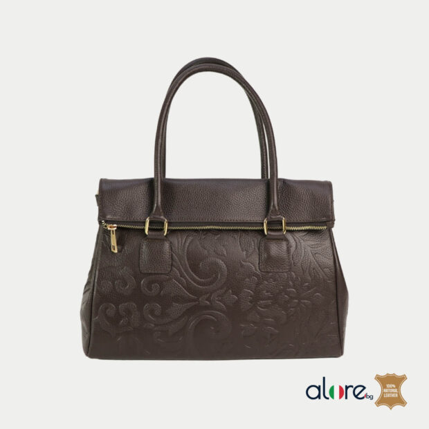 Дамска чанта Melissa от естествена кожа в цвят кафе с деликатен релеф