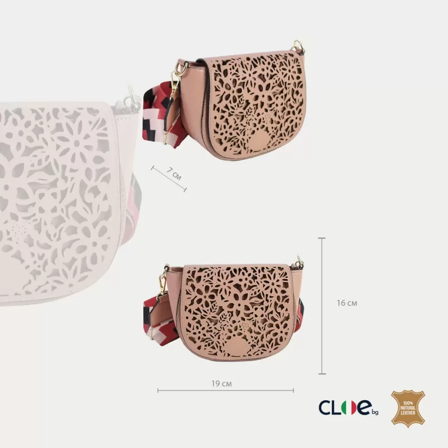 Малка дамска чанта Jade в розово с лазерно изрязан капак на цветя и текстилна дръжка. Размери