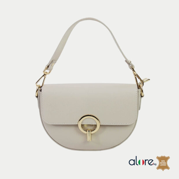 Дамска чанта Alegra естствена кожа в цвят ванилия. Капак със закопчалка.