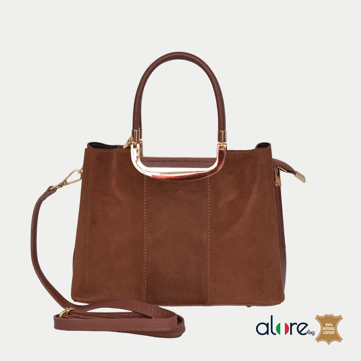 Дамска чанта Velvet от естествен велур в цвят шоколад с дълга дръжка