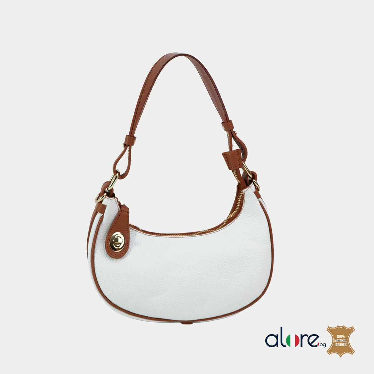 Малка дамска чанта Anita от естествена кожа в бяло и кафяво