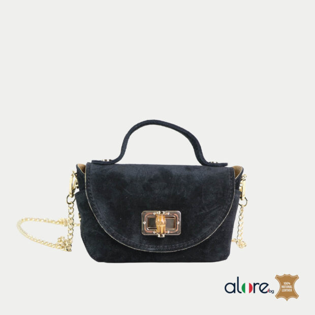 Малка дамска чанта Ronie от естествен черен велур със златна верижка