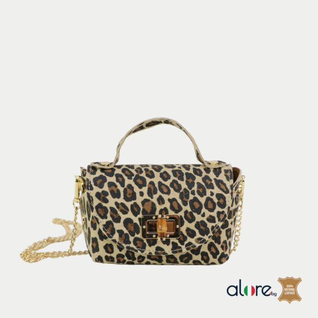 Малка дамска чанта Ronie от естествена кожа леопард със златна верижка