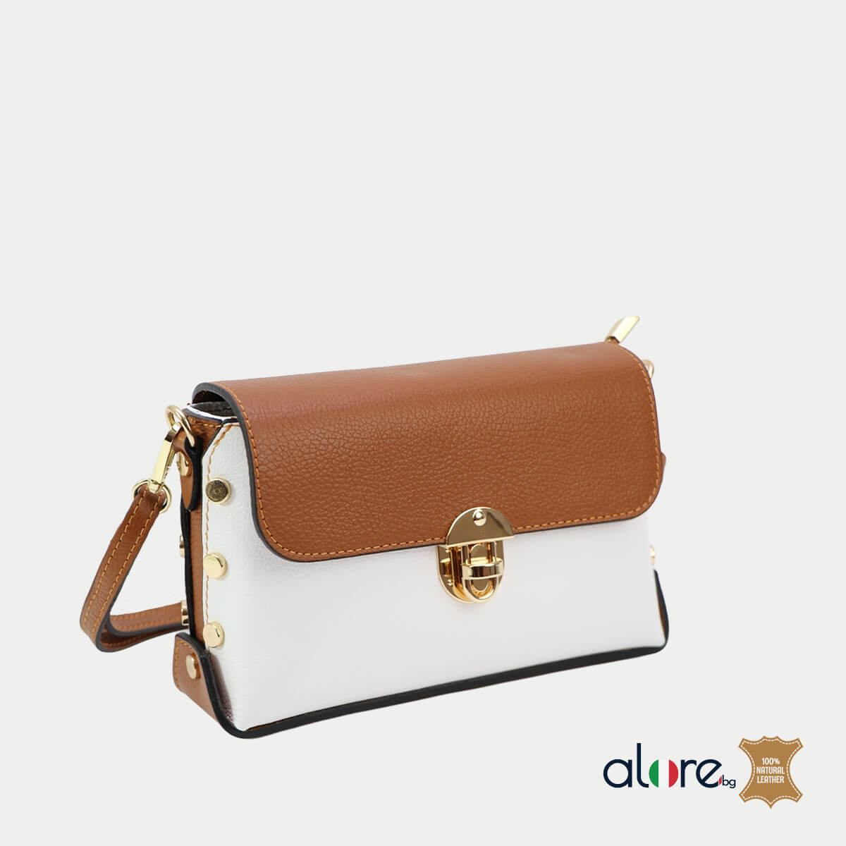 Дамска чанта Megan етсетвена кожа бяло и кафяво - страничен изглед