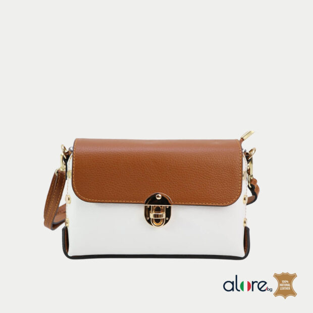 Дамска чанта Megan етсетвена кожа в бяло и кафяво с капак и дълга дръжка